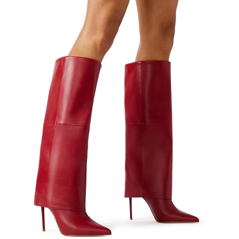 Women’s Fashion Fall Winter Red Fold Over Pointed Toe Knee High Heel Boots - Picture 2 of 7